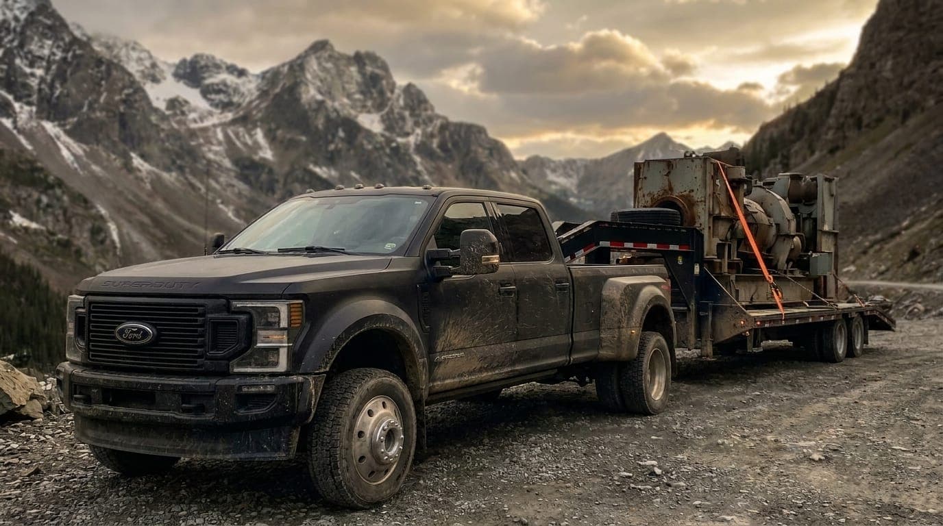 Mud-covered dually pickup hauling industrial machinery on a deck trailer through a snow-capped mountain pass at sunset.
